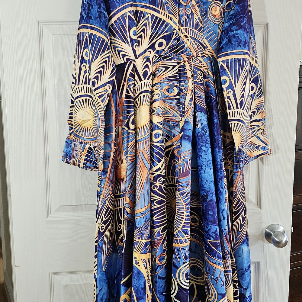NWT Ursime Dress, Size XL, Vibrant Blue And Gold, Long Sleeve, Ankle/Floor